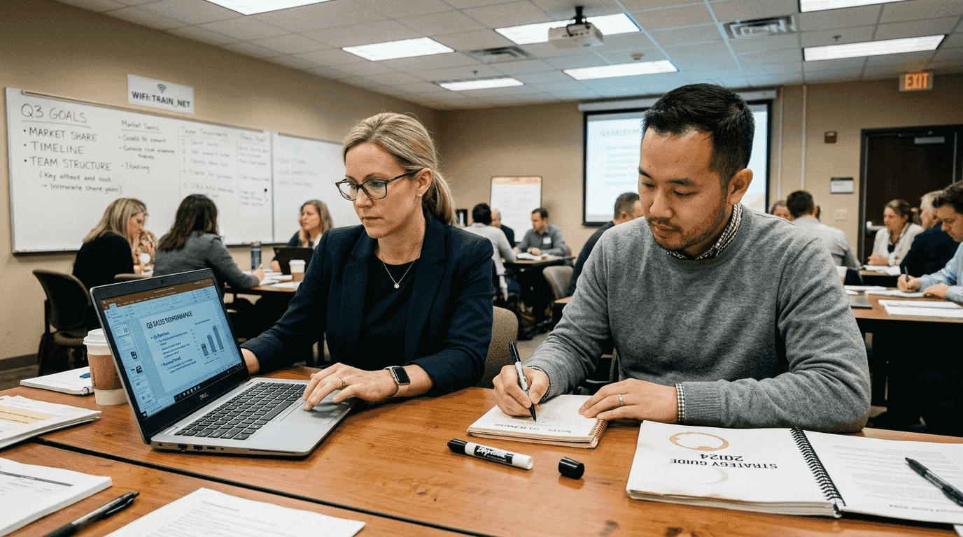 Staff attending governance training at table