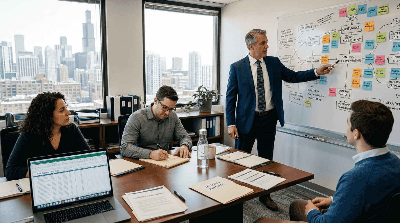 Executive leading risk management team discussion