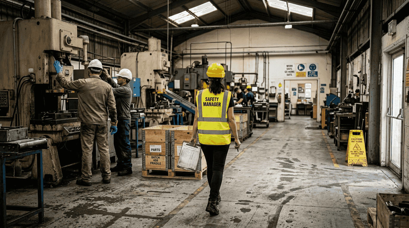 Safety manager inspecting industrial factory floor