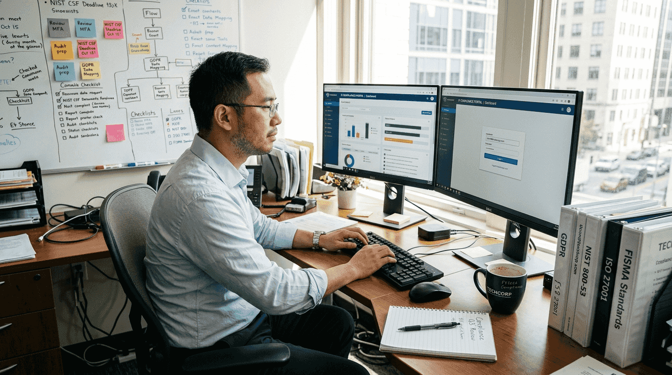 IT manager viewing compliance dashboard in office