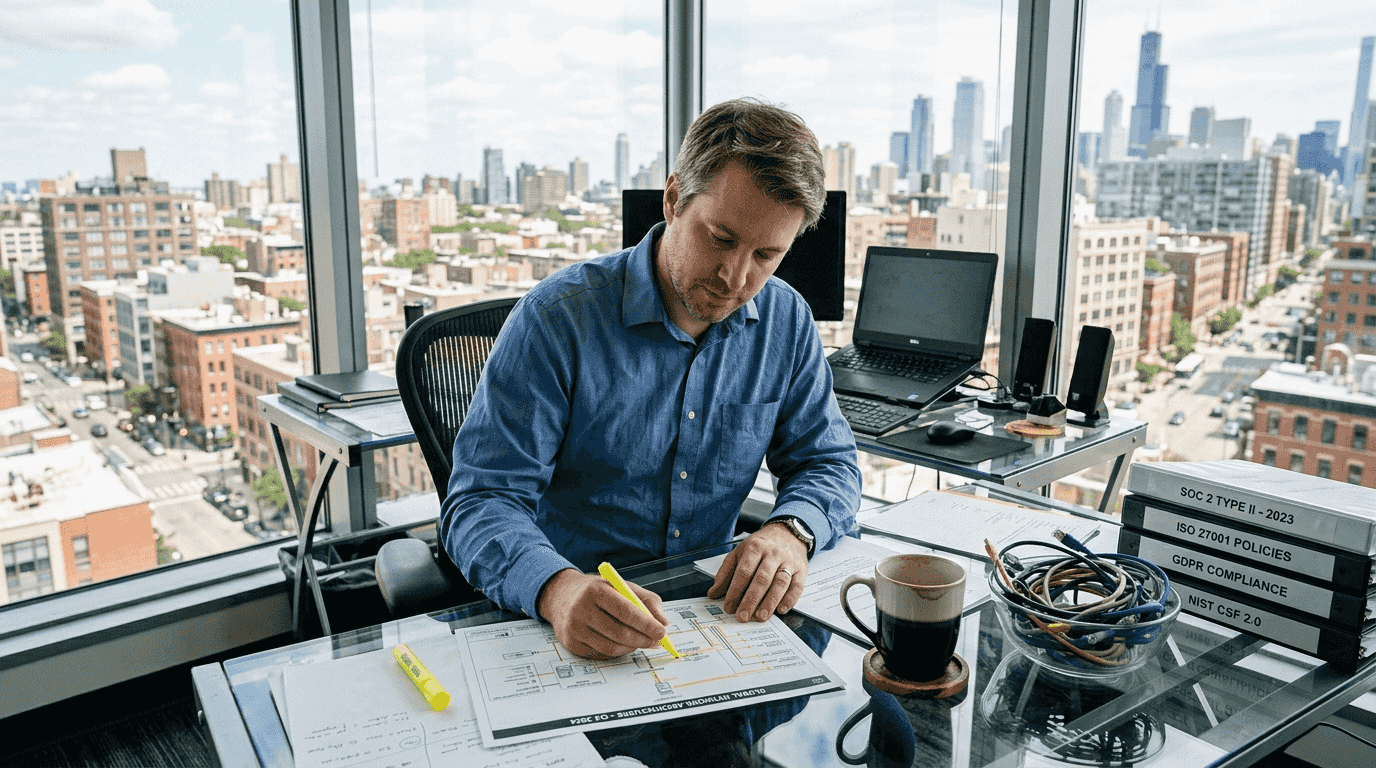 Security manager reviews network diagram in office