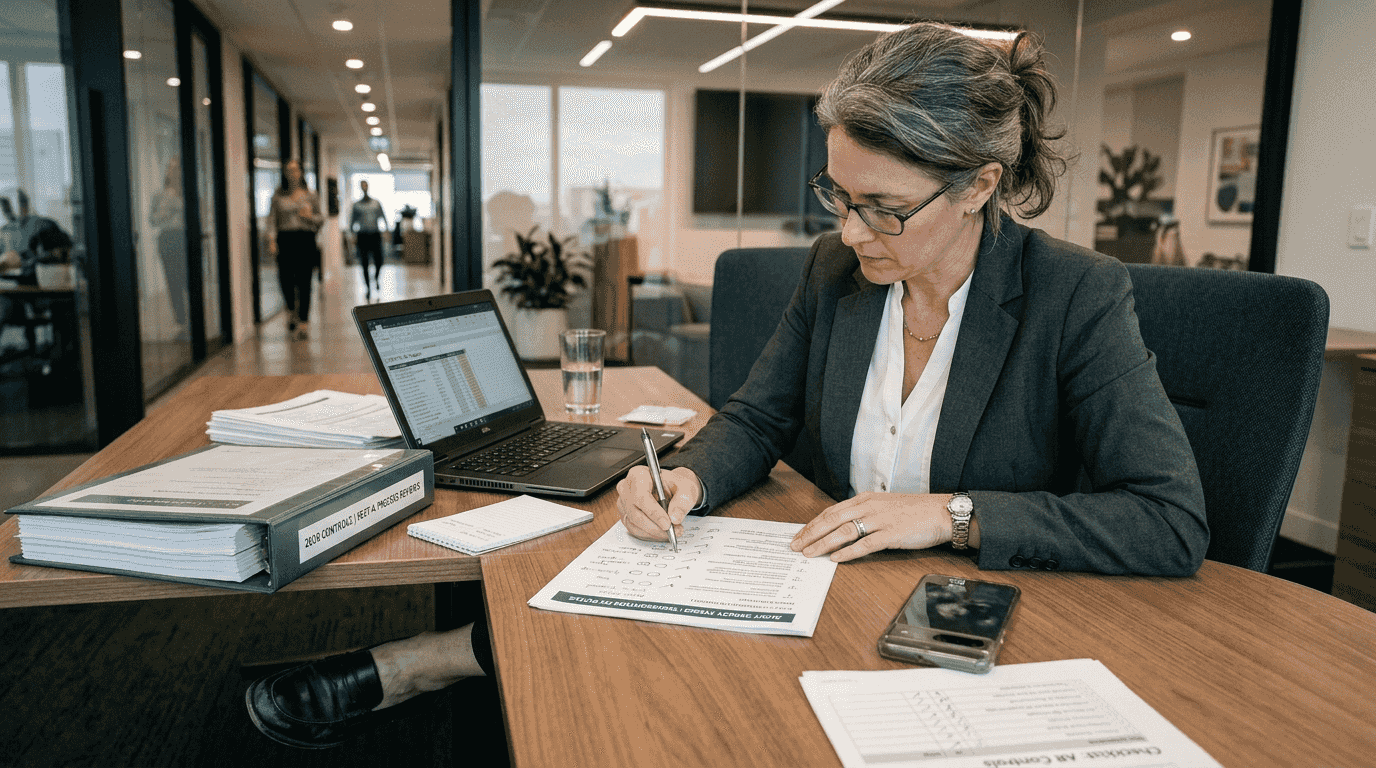 Auditor reviews printed documentation for security compliance