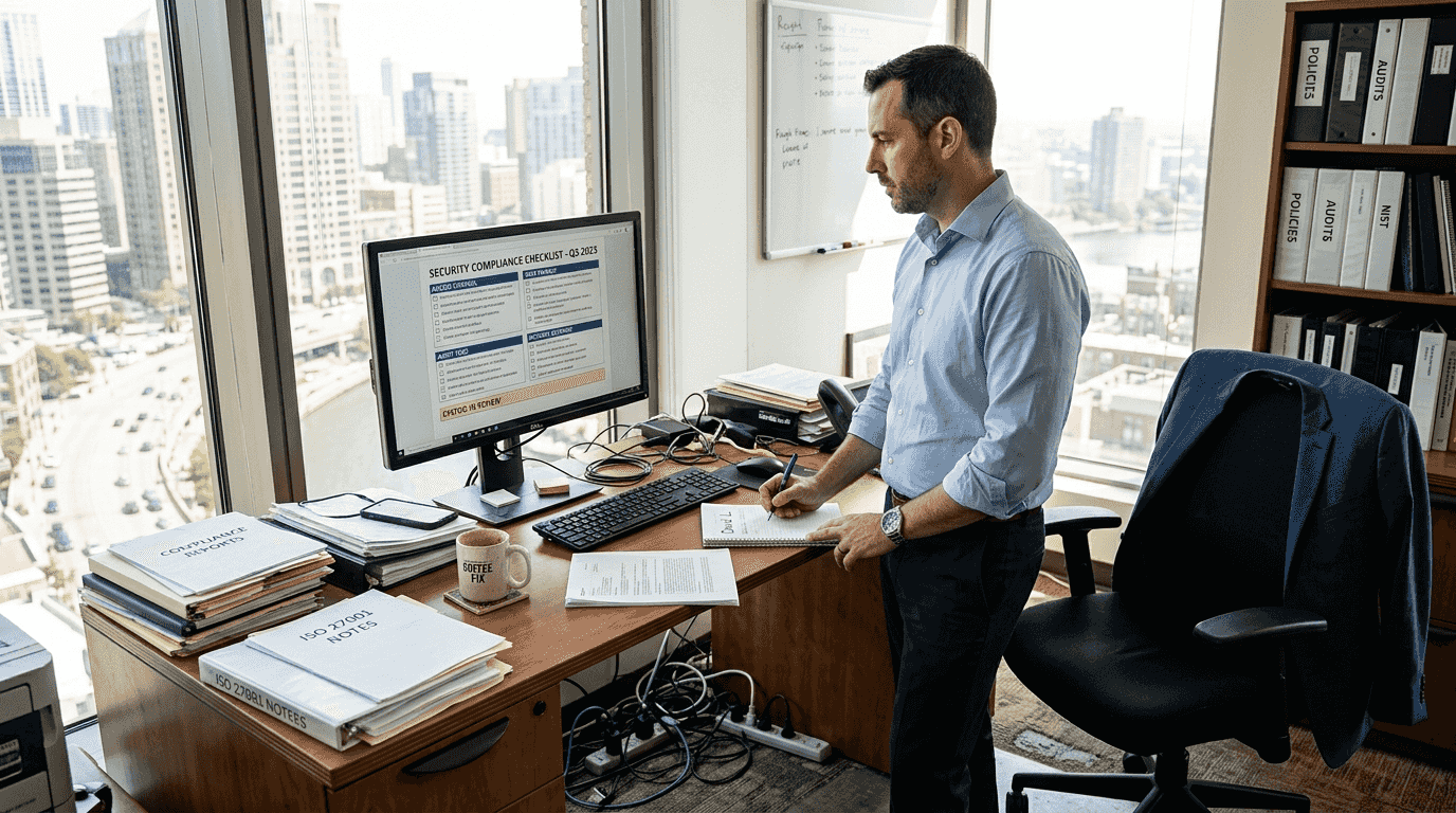 Compliance officer reviewing security checklist in office