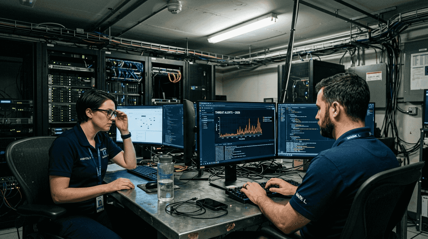 Two healthcare security analysts at monitor cluster