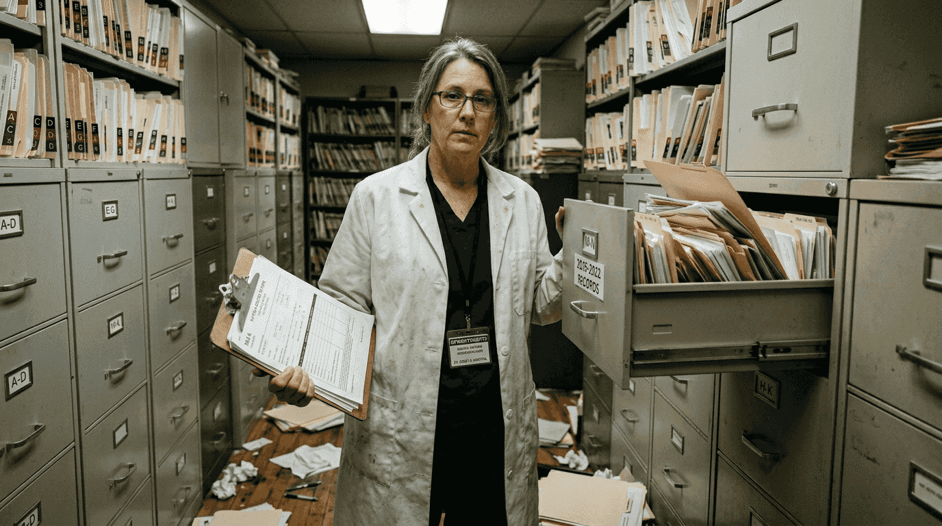 Hospital administrator checking patient records storage