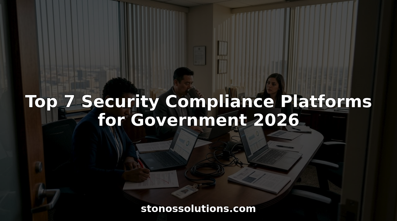 Cybersecurity team reviewing government compliance in office