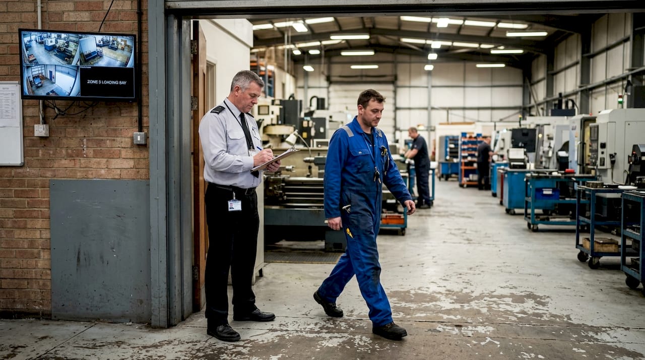 Security manager reviews access log at factory entrance