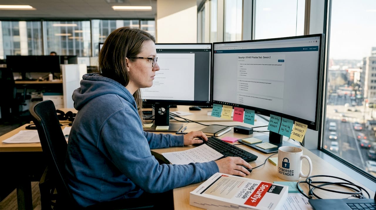 IT worker reviewing Security+ exam materials