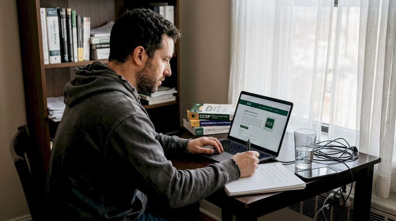 Analyst studying cloud security certification at home