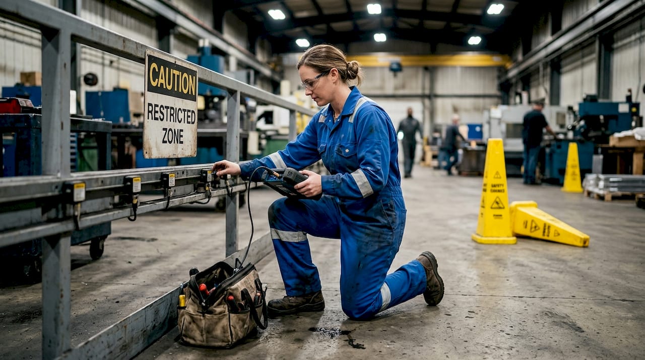 Engineer inspecting factory safety sensors and barriers