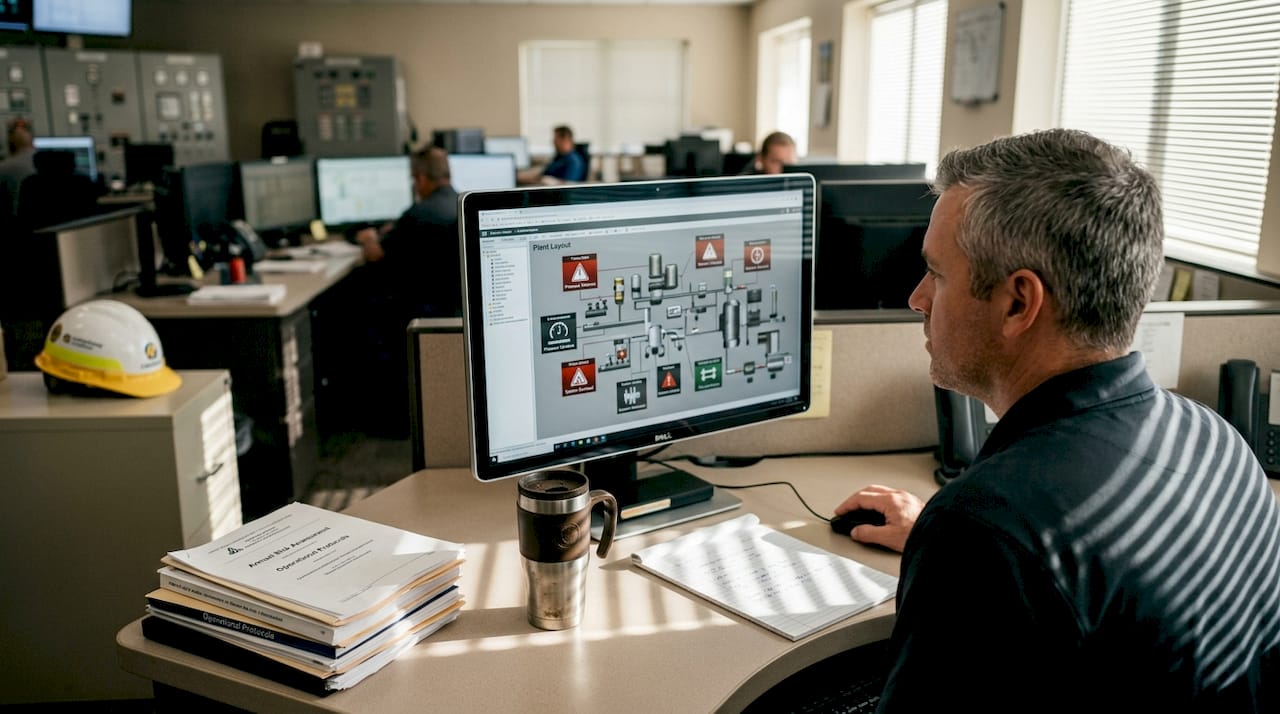 Industrial safety analyst reviewing plant risk assessment