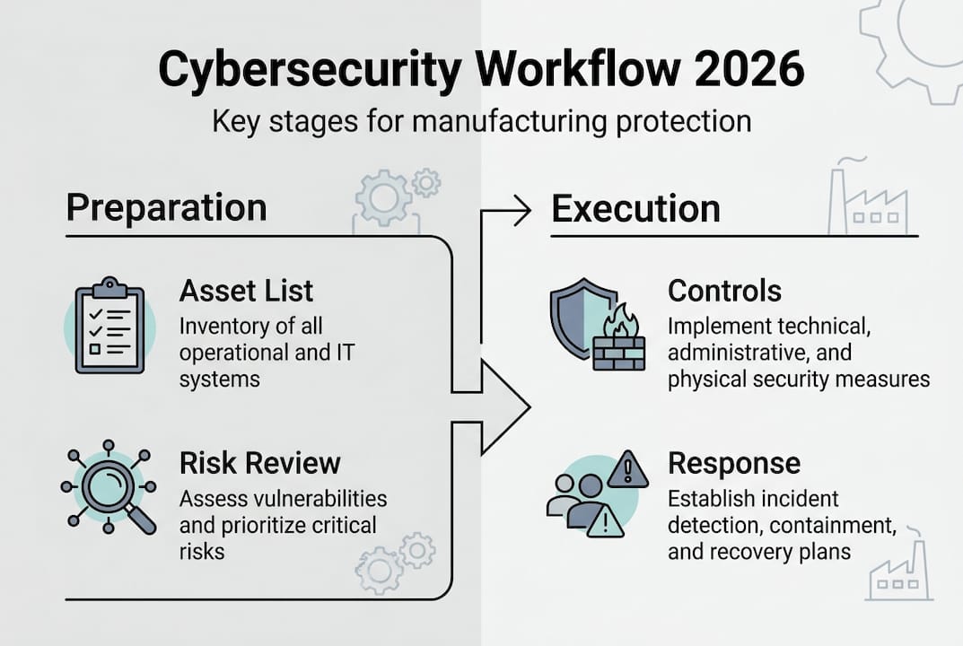 Infographic shows manufacturing cybersecurity workflow steps