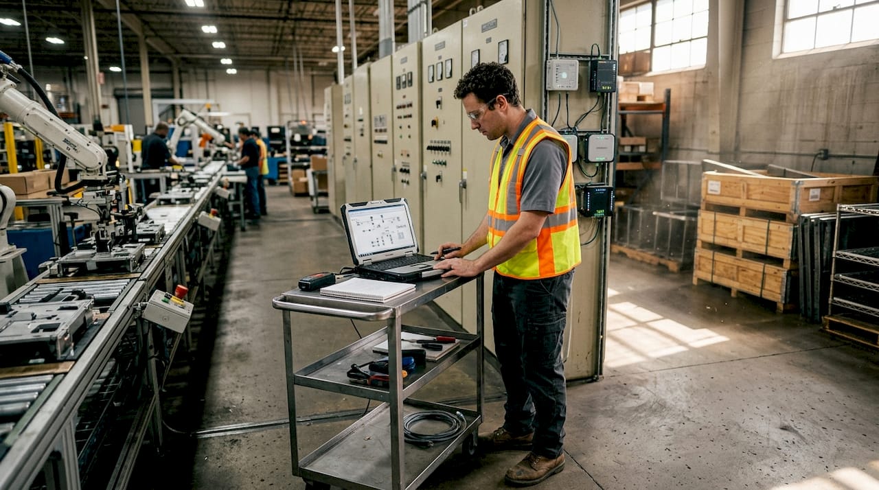Engineer reviews cybersecurity on busy factory floor