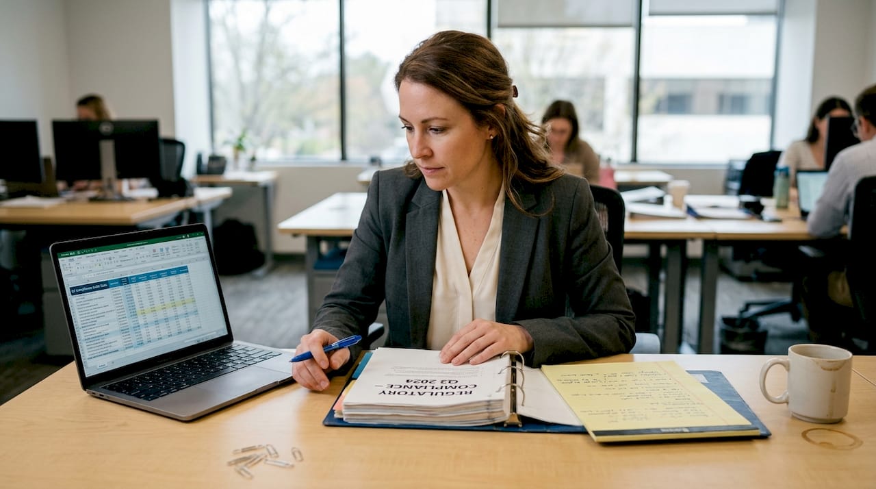 Compliance officer reviewing regulatory binder at desk