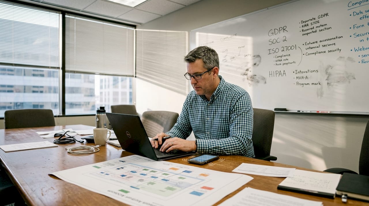 IT manager reviewing network architecture in office