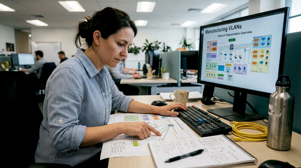 Network admin studying segmentation map at desk