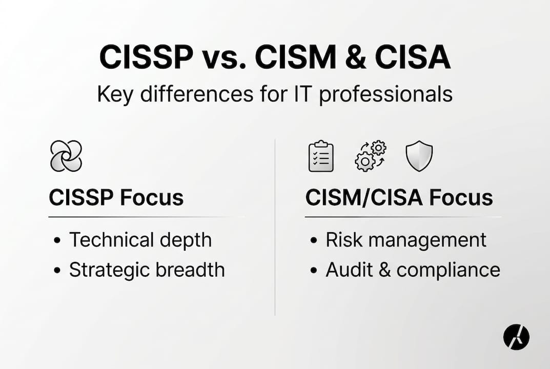 Infographic comparing CISSP, CISM, and CISA core differences
