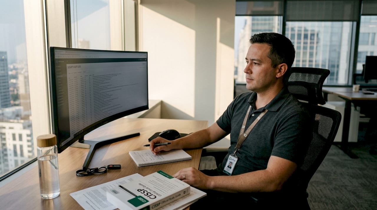 Cybersecurity analyst reviews reports at corner office