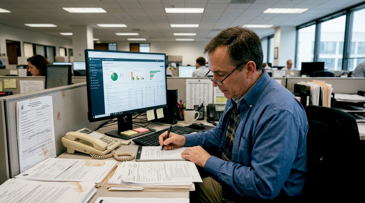 Risk manager monitoring dashboard in busy office