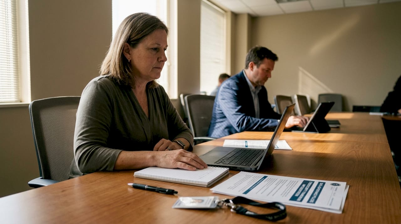 IT director reviewing documents in federal meeting room