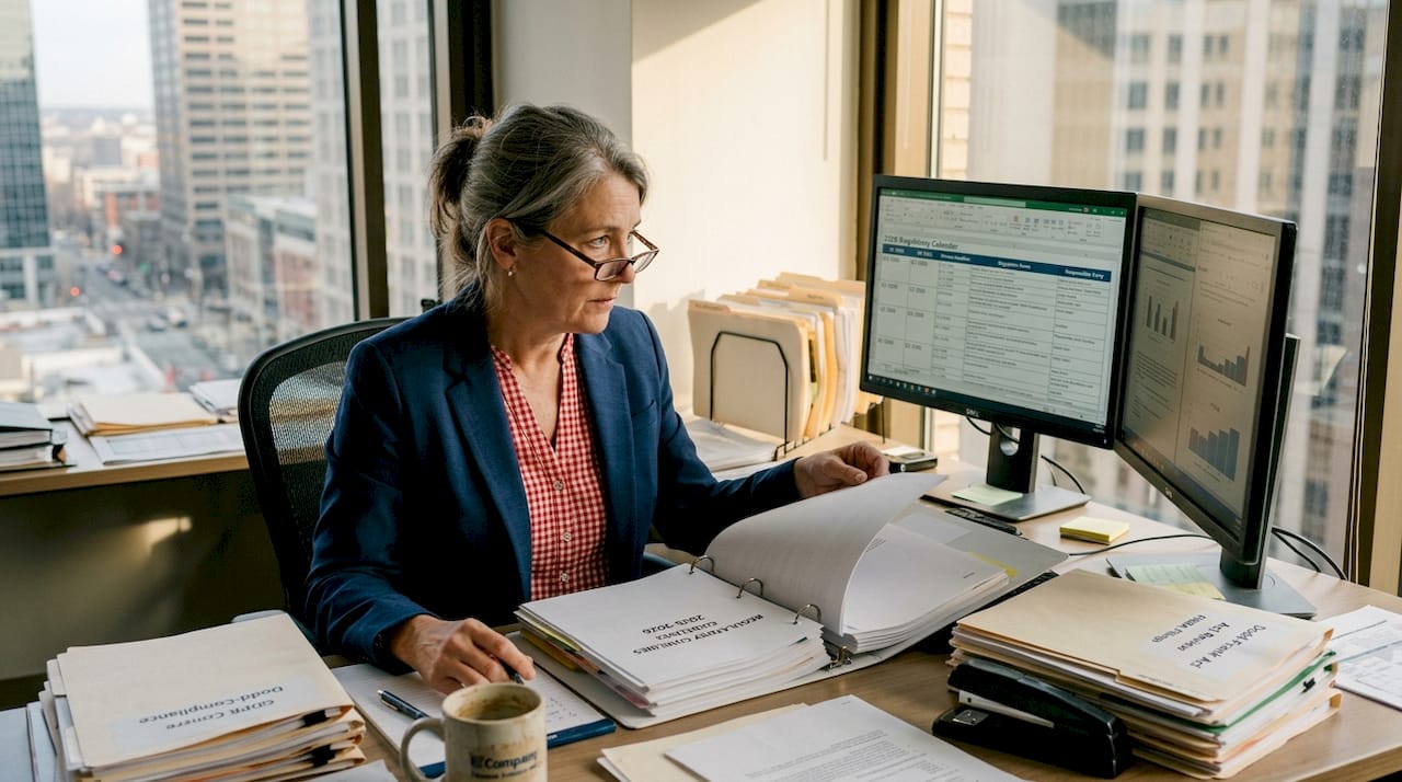 Compliance officer reviewing regulatory documents