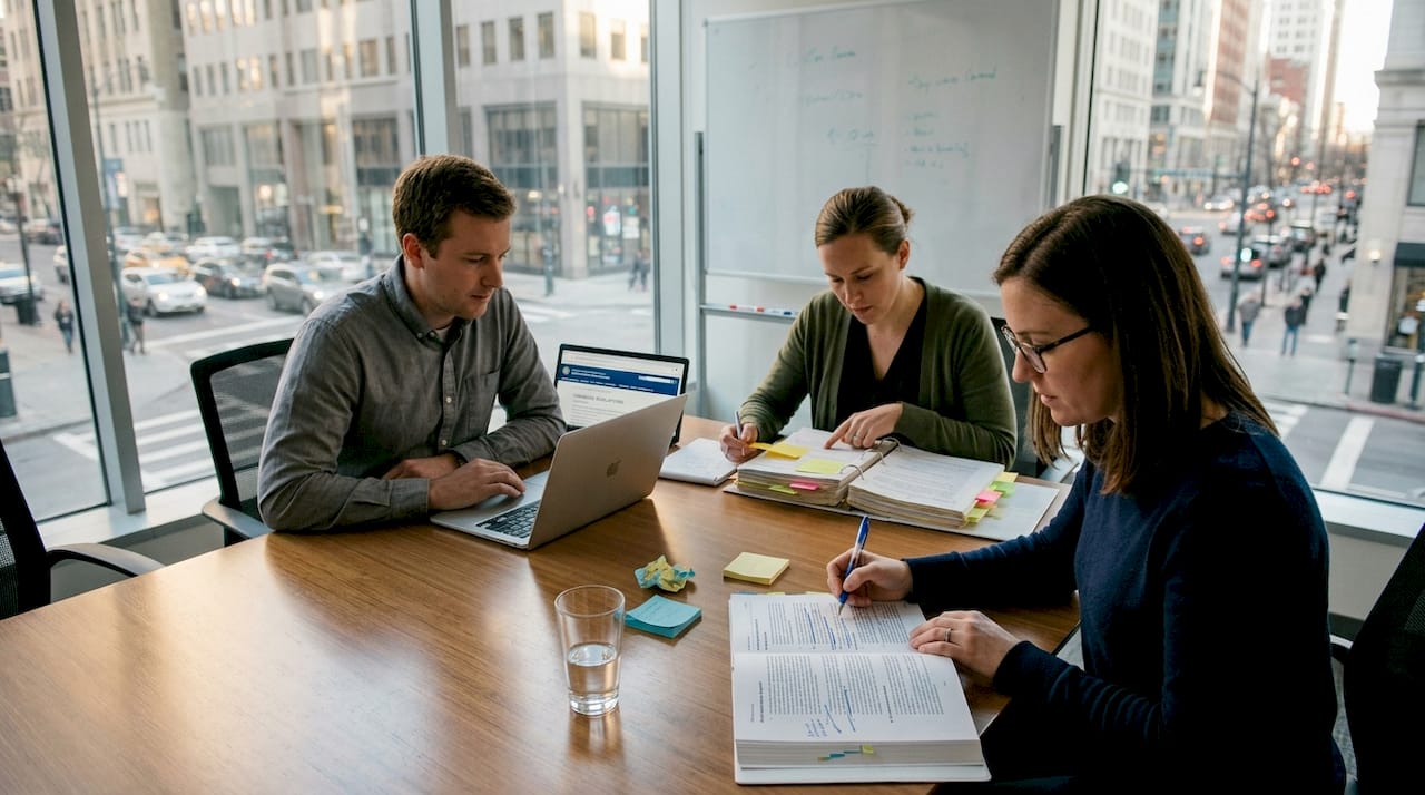 Compliance team reviewing regulatory requirements