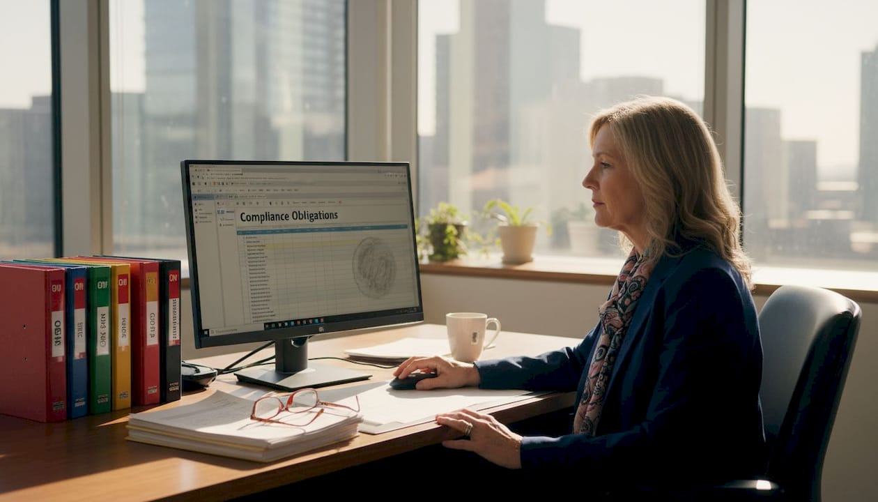 Compliance officer updating checklist in corner office