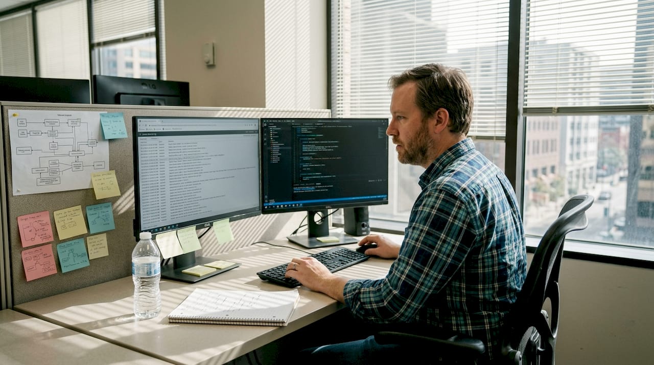 Engineer reviewing security log at office desk