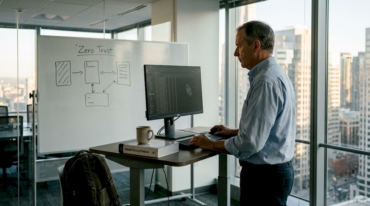 Analyst studying zero trust network diagram