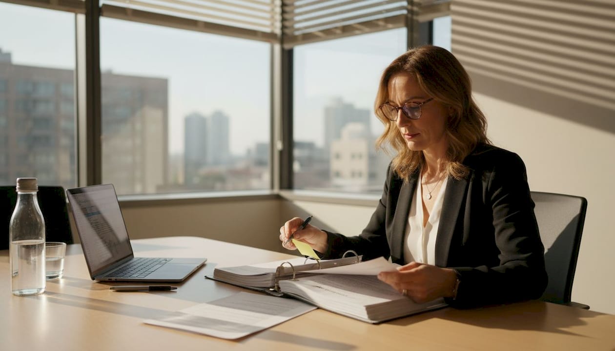 Compliance officer reviewing documents in corner office