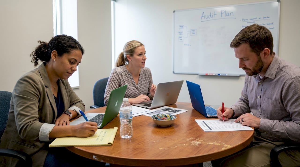 Team discussing audit plan in small meeting room
