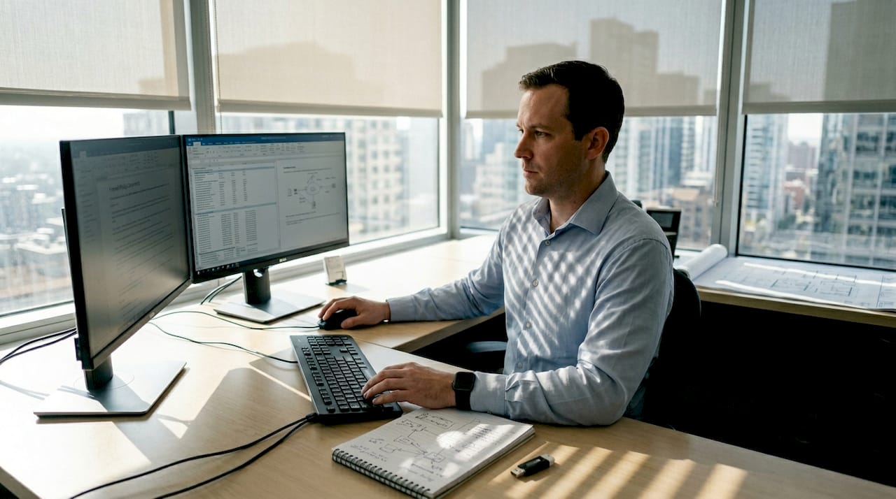 IT manager reviewing security audit checklist in office