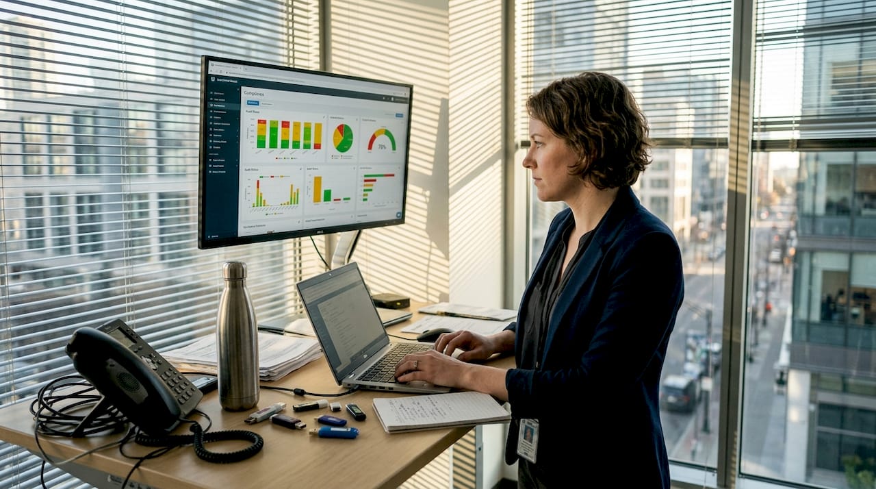 Security analyst updating compliance dashboard in office