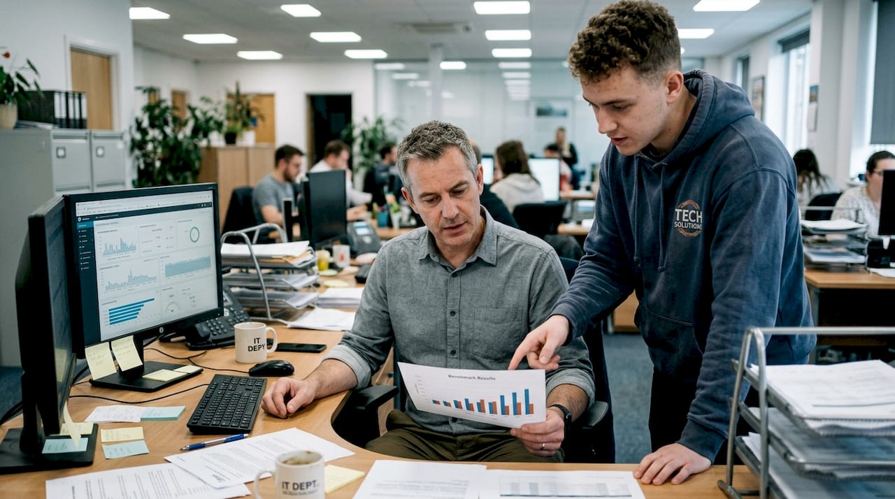IT staff discussing benchmarking results at desk