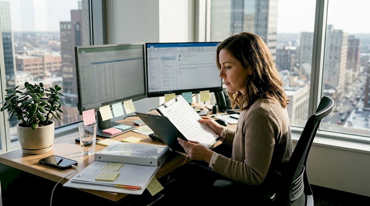 Woman reviewing security checklist in bright office