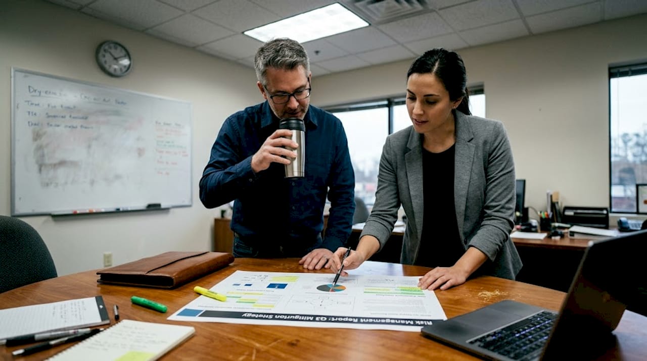 Team reviewing risk management documents together