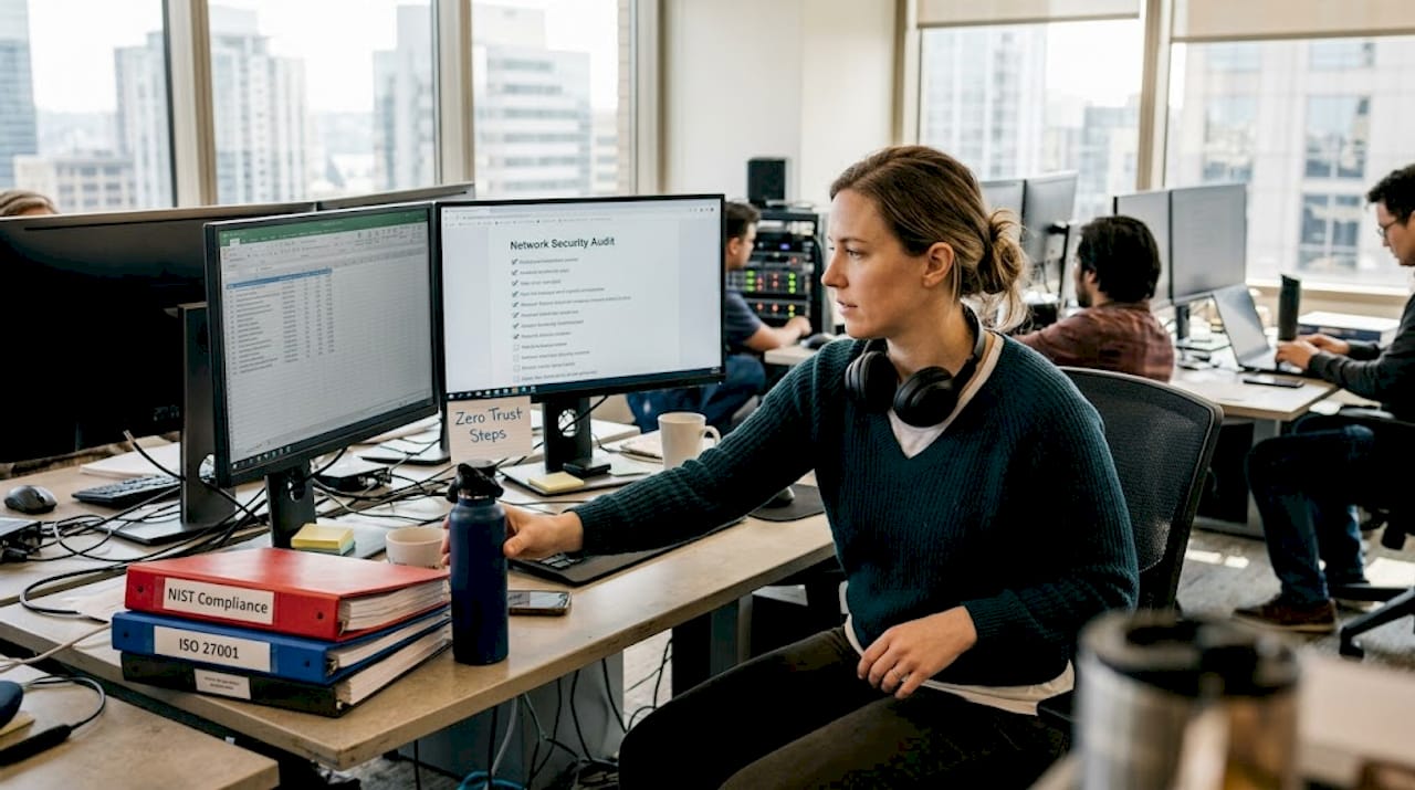 Cybersecurity analyst checking compliance checklist