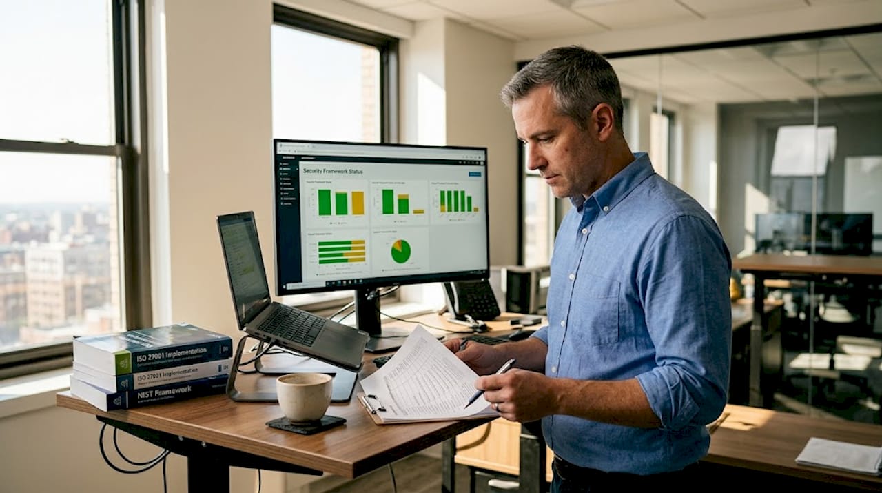 IT manager reviews cybersecurity compliance checklist