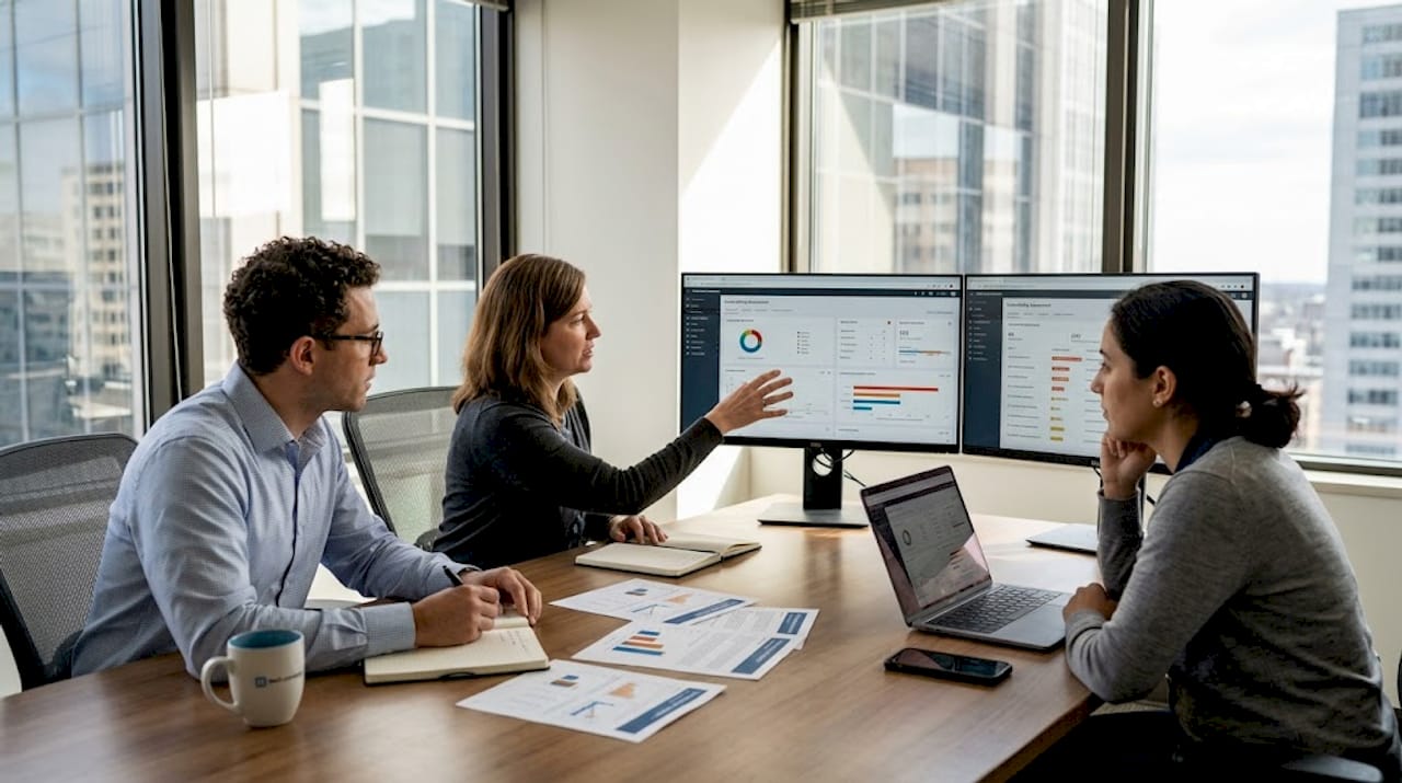 IT team reviewing security vulnerabilities at office table