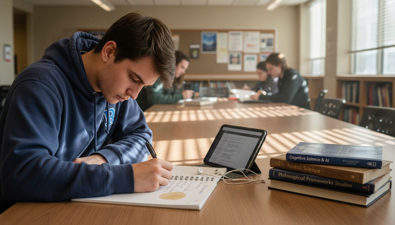 Student writing thesis statement with study materials