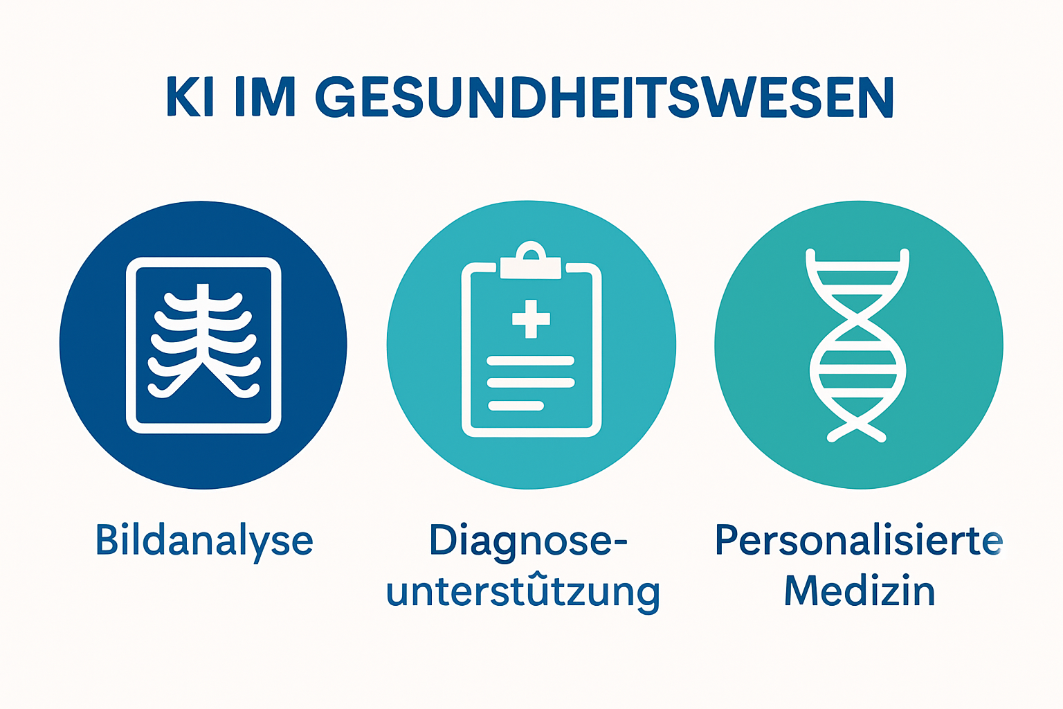 Drei Hauptanwendungen von KI im Gesundheitswesen als einfache Icons nebeneinander
