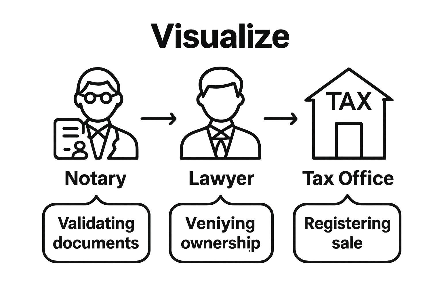 Infographic showing Mallorca property transfer steps: notary, lawyer, tax office.