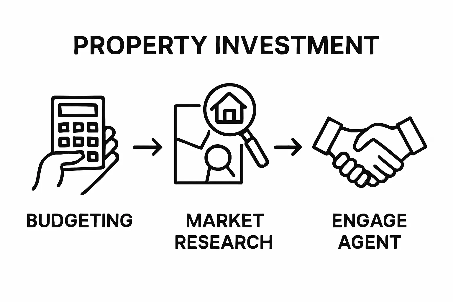 Infographic with icons showing budgeting, research, and agent engagement steps