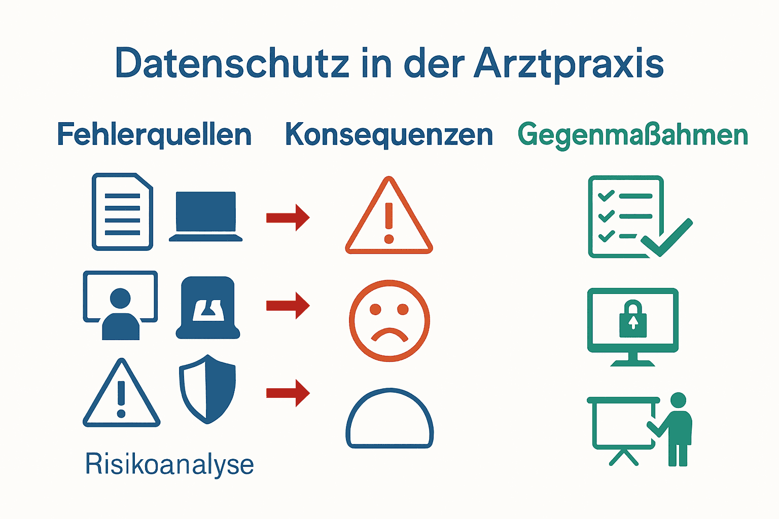 Infografik Fehlerquellen, Risiken und Lösungen Datenschutz Arztpraxis