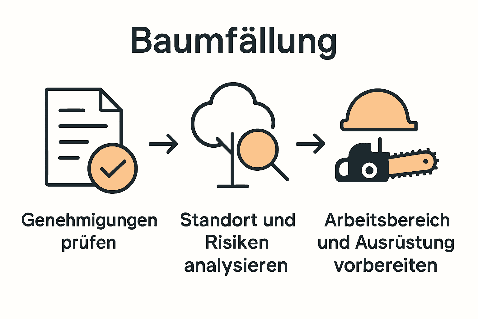 Infografik mit Schritten der Baumfällung: Genehmigungen, Risikoanalyse, Ausrüstung