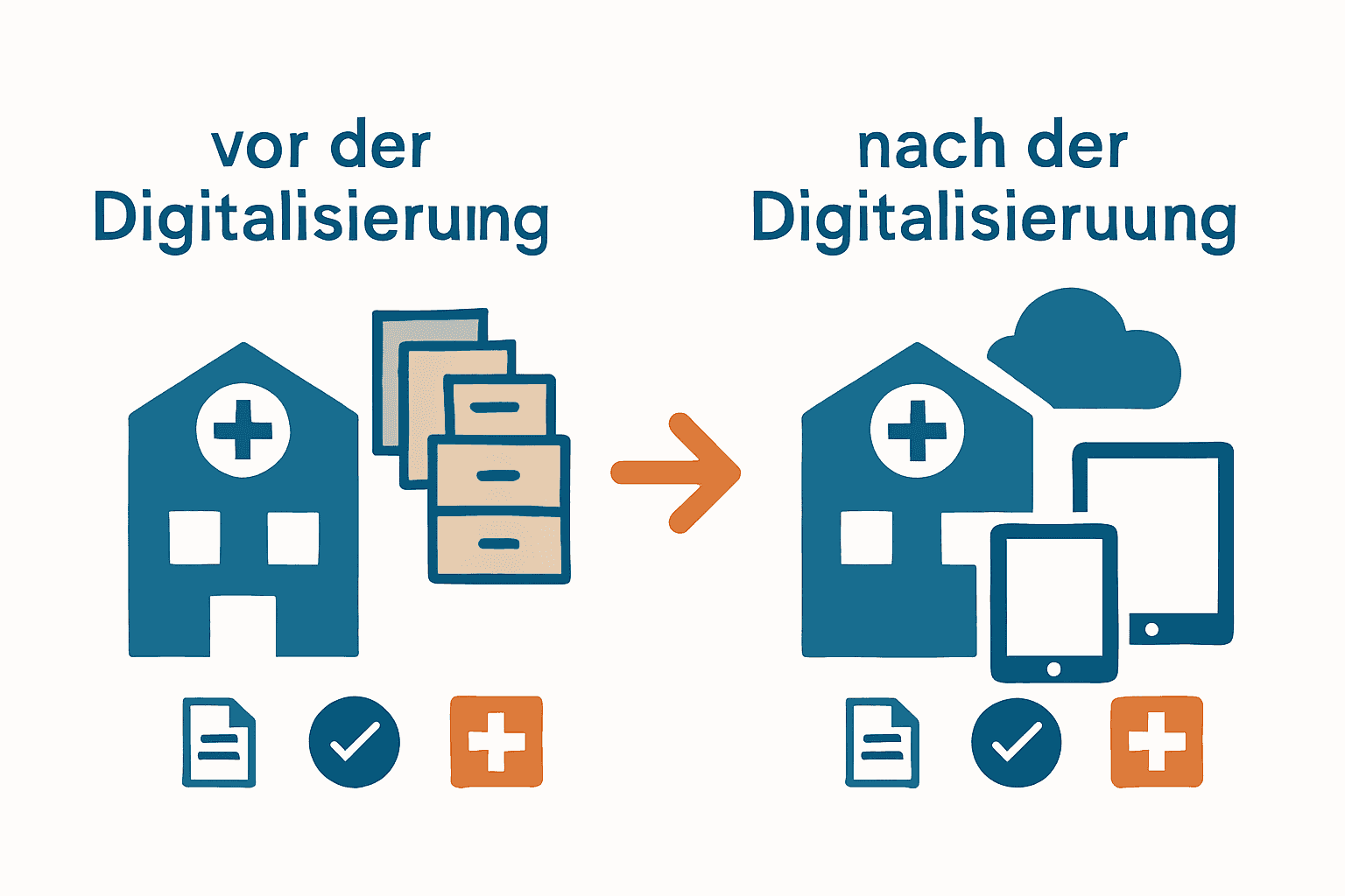 Infografik zum Vergleich vor und nach der digitalen Förderung in Praxen.
