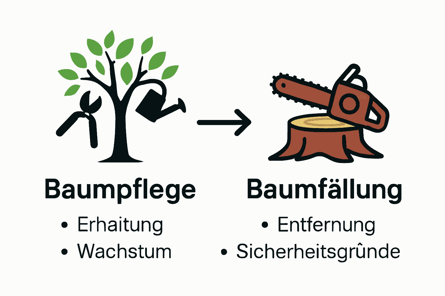 Vergleich Infografik Baumpflege vs. Baumfällung mit Symbolen
