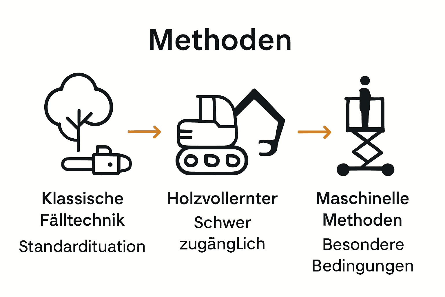 Infografik Vergleich Fälltechniken Motorsäge, Maschine und Hebebühne