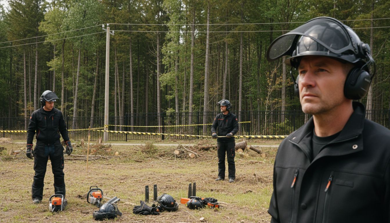 Fachkräfte bereiten sicheren Baumfällplatz vor