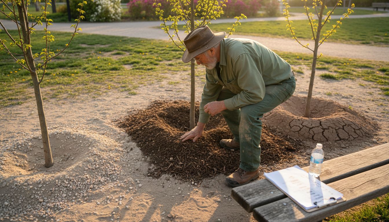 Arborist comparing soils around multiple trees